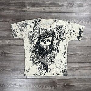 Crazy Vintage Y2K Silver Star Affliction Style Grunge Skull & Roses T Shirt